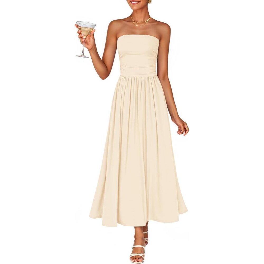 Women's Apricot Summer Sleeveless 2026 Strapless Ruched A Line Flowy Midi Dress